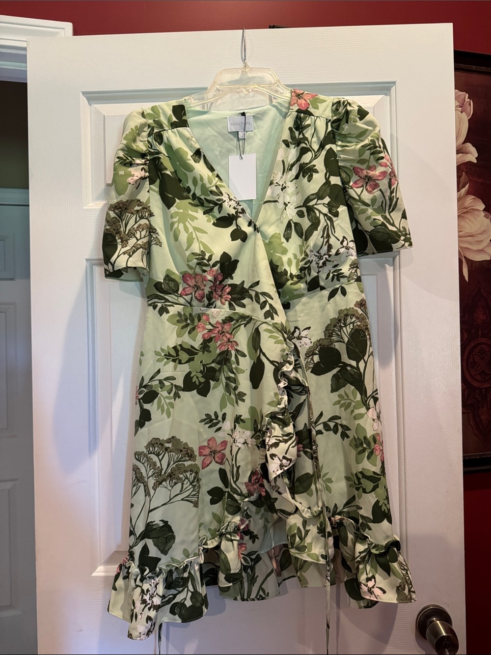 Sugarlips Light Green Floral Wrap Midi Dress